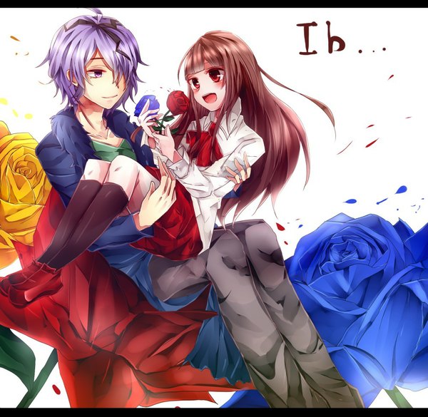 Anime picture 1000x976 with ib (game) garry (ib) ib (ib) long hair blush fringe short hair open mouth smile red eyes brown hair purple eyes purple hair hair over one eye inscription couple girl boy skirt flower (flowers)