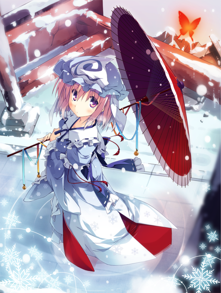 Anime picture 756x1000 with touhou saigyouji yuyuko t-ray single tall image looking at viewer blush short hair pink hair traditional clothes japanese clothes pink eyes from above snowing winter snow girl insect butterfly umbrella