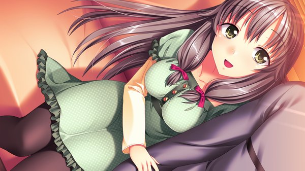 Anime picture 1024x576 with papa love (game) long hair open mouth black hair wide image sitting green eyes game cg girl dress