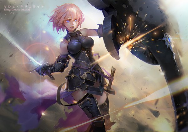 Anime-Bild 2048x1448 mit fate (series) fate/grand order mash kyrielight qmo (chalsoma) single fringe highres short hair breasts open mouth blue eyes hair between eyes holding looking away pink hair copyright name fighting stance girl weapon sword