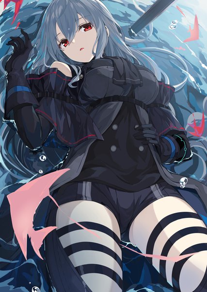 Anime picture 1424x2000 with arknights skadi (arknights) takehana note single long hair tall image looking at viewer fringe breasts open mouth hair between eyes red eyes lying grey hair on back hand on hip partially submerged girl gloves black gloves