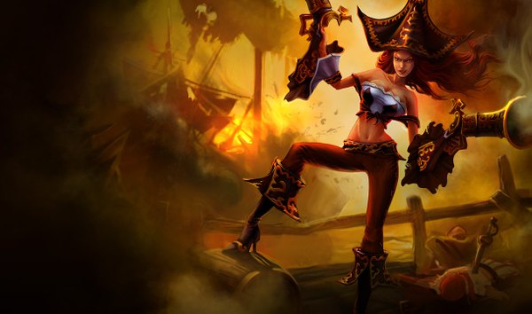 Anime picture 1215x717 with league of legends miss fortune (league of legends) single long hair brown hair wide image brown eyes destruction pirate girl weapon hairband gun fire pistol watercraft dagger ship pirate hat corpse