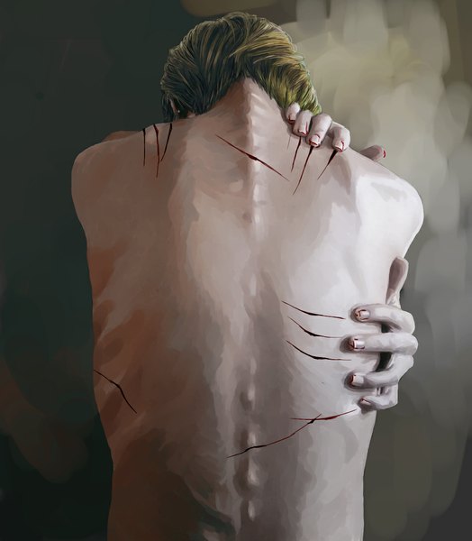 Аниме картинка 950x1087 с оригинальное изображение ichihara один (одна) короткие волосы светлые волосы голые плечи сзади объятие мужчина кровь руки царапина