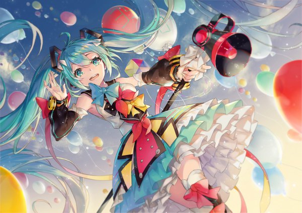 Anime picture 1400x990 with vocaloid magical mirai (vocaloid) hatsune miku magical mirai miku magical mirai miku (2018) ouu min single open mouth twintails sky cloud (clouds) ahoge very long hair aqua eyes aqua hair from below frilled dress 39 girl dress
