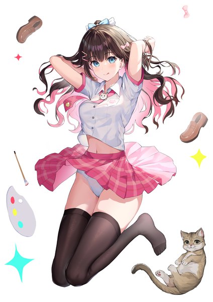 Anime picture 2480x3508 with original hokori sakuni single long hair tall image looking at viewer blush highres blue eyes light erotic black hair simple background white background full body bent knee (knees) multicolored hair light smile two-tone hair plaid skirt arms behind head