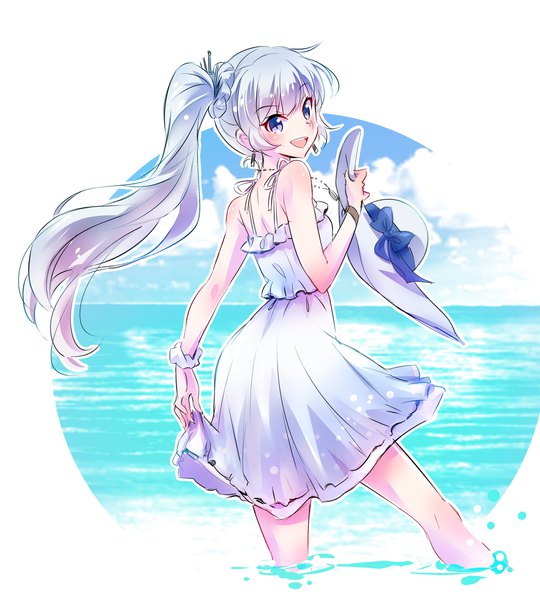 Anime picture 2000x2221 with rwby rooster teeth weiss schnee iesupa single long hair tall image looking at viewer highres open mouth blue eyes smile white background bare shoulders silver hair :d looking back from behind side ponytail scar