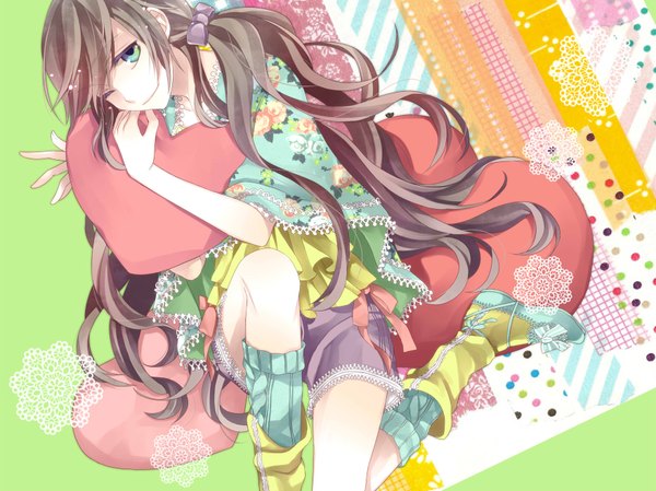 Anime picture 1755x1316 with macco (artist) long hair highres black hair smile sitting one eye closed aqua eyes wink hug wavy hair girl shorts boots frills heart pillow poncho