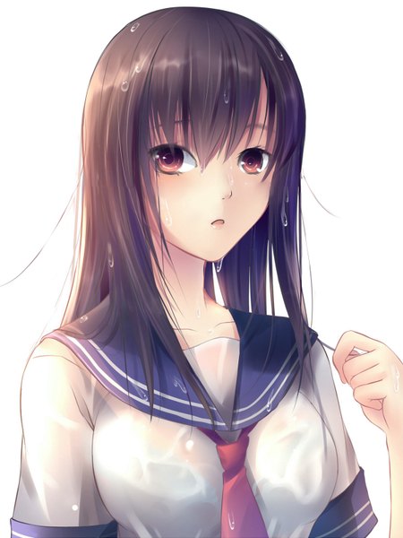 Anime picture 1200x1600 with original ringonotane (muku) single long hair tall image looking at viewer fringe breasts simple background brown hair white background brown eyes wet girl shirt necktie