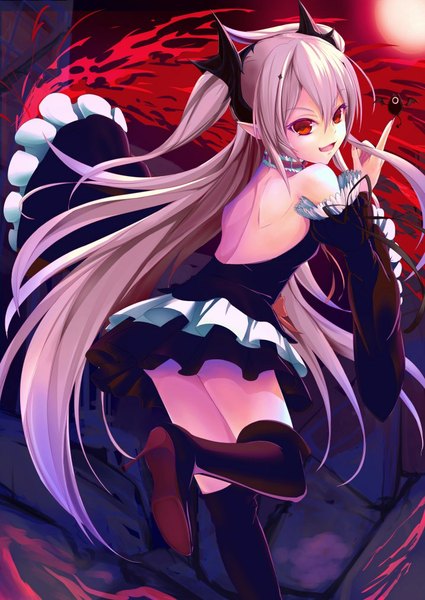 Anime picture 717x1012 with owari no seraph wit studio kururu tepes k3rd single tall image looking at viewer fringe open mouth light erotic smile red eyes standing twintails bare shoulders payot pink hair bent knee (knees) very long hair looking back