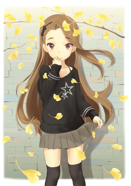 Anime picture 868x1228 with idolmaster minase iori wa (genryusui) single long hair tall image looking at viewer brown hair purple eyes girl thighhighs skirt black thighhighs leaf (leaves) sweater autumn leaves ginkgo