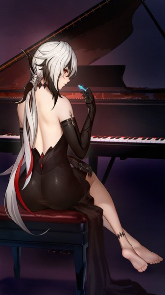 Anime picture 2091x3719 with genshin impact arlecchino (genshin impact) le (huanglongen) single long hair tall image looking at viewer fringe highres light erotic hair between eyes sitting bare shoulders holding full body ass white hair nail polish profile looking back