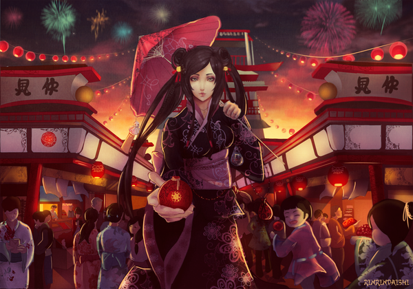 Anime picture 2000x1400 with original rinrindaishi long hair looking at viewer highres black hair twintails braid (braids) traditional clothes japanese clothes grey eyes hair bun (hair buns) eyeshadow fireworks festival girl pendant building (buildings) umbrella bell