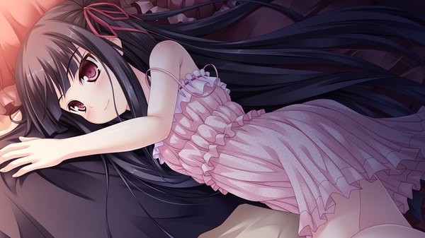 Anime picture 1280x720 with santaful summer long hair blush black hair red eyes wide image bare shoulders game cg girl dress ribbon (ribbons) hair ribbon