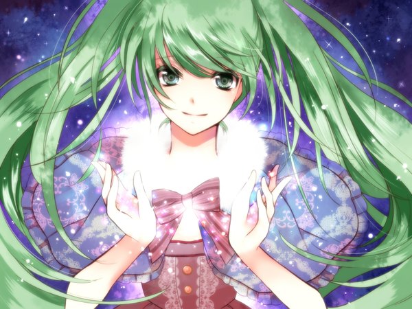 Anime picture 1536x1152 with vocaloid hatsune miku an-mar (tukumoooon) single long hair looking at viewer blush smile twintails green eyes sky green hair night sparkle night sky glowing snowing winter girl bow