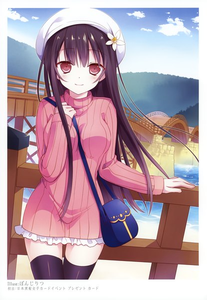 Anime picture 2406x3475 with original ponjiritsu single long hair tall image looking at viewer blush fringe highres black hair smile red eyes sky cloud (clouds) scan zettai ryouiki girl thighhighs dress black thighhighs