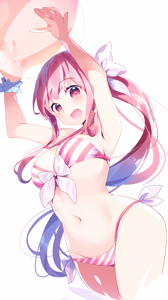 Anime picture 900x1600 with original chikuwa. single long hair tall image looking at viewer blush breasts open mouth light erotic simple background smile standing white background holding pink hair cleavage ponytail :d pink eyes