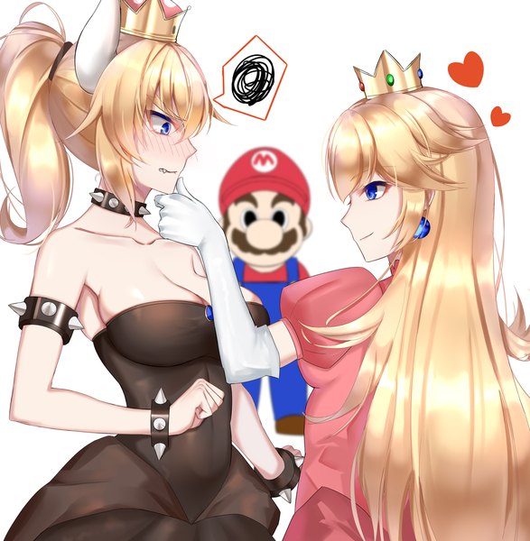 Anime picture 1300x1328 with super mario bros. new super mario bros. u deluxe bowsette princess peach mario eternity (shadeh) long hair tall image blush fringe breasts blue eyes light erotic simple background blonde hair smile hair between eyes large breasts standing multiple girls