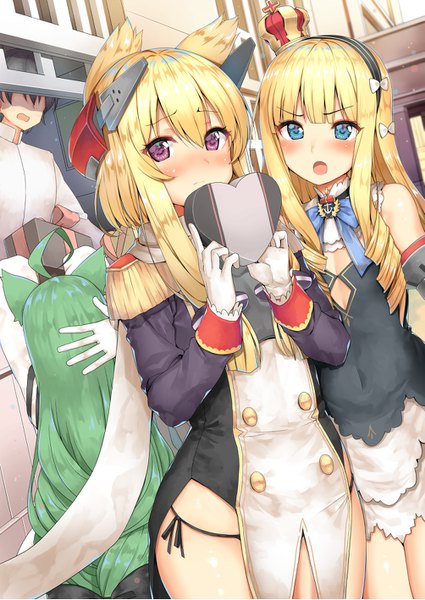 Anime picture 1003x1417 with azur lane commander (azur lane) akashi (azur lane) warspite (azur lane) queen elizabeth (azur lane) body mahattaya ginga long hair tall image looking at viewer blush fringe blue eyes light erotic blonde hair hair between eyes purple eyes multiple girls holding animal ears payot