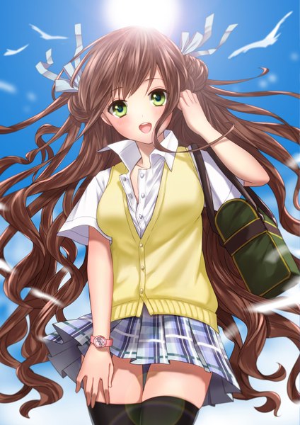 Anime-Bild 1000x1414 mit ichinose777 single long hair tall image looking at viewer blush open mouth smile brown hair twintails green eyes sky cloud (clouds) pleated skirt sunlight plaid skirt happy wavy hair open collar girl