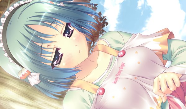 Anime picture 1024x600 with houkago kitchen blush short hair wide image purple eyes game cg green hair girl hairband