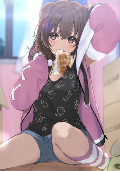 Anime picture 945x1345 with virtual youtuber hololive inugami korone icehotmilktea single long hair tall image blush fringe hair between eyes brown hair sitting holding brown eyes animal ears indoors mouth hold official alternate costume dog ears girl