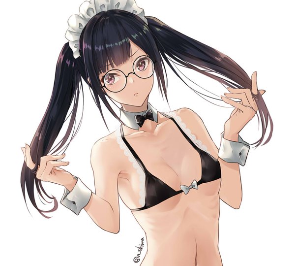 Anime picture 1000x900 with original nabeshima tetsuhiro single long hair looking at viewer blush fringe breasts light erotic black hair simple background red eyes white background twintails bare shoulders signed payot upper body blunt bangs twitter username