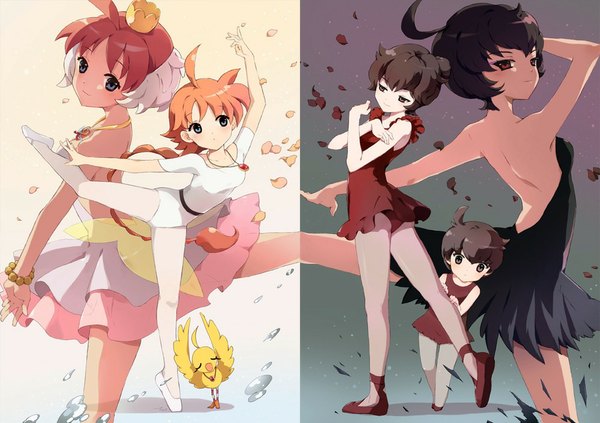 Anime picture 1000x705 with princess tutu ahiru arima princess tutu (character) rue kuroha princess kraehe ahiru (duck) tiru (artist) long hair looking at viewer blush short hair blue eyes black hair red eyes light smile orange hair multiple persona dancing ballet arabesque (pose)