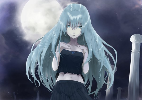 Anime picture 1800x1272 with vocaloid hatsune miku simon (n.s craft) single long hair highres cloud (clouds) aqua eyes aqua hair night night sky girl moon