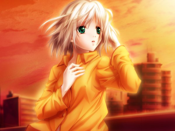 Anime picture 1600x1200 with cthulhu - great hunting short hair green eyes game cg white hair evening sunset girl