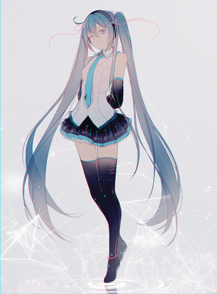 Anime-Bild 1400x1900 mit vocaloid hatsune miku yen-mi single tall image looking at viewer simple background smile standing twintails bare shoulders payot full body ahoge very long hair pleated skirt one eye closed aqua eyes wink aqua hair