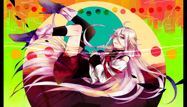 Anime picture 2253x1300 with vocaloid ia (vocaloid) kouyama single looking at viewer highres blue eyes wide image pink hair ahoge braid (braids) very long hair high heels weightlessness girl thighhighs skirt shoes single thighhigh blouse