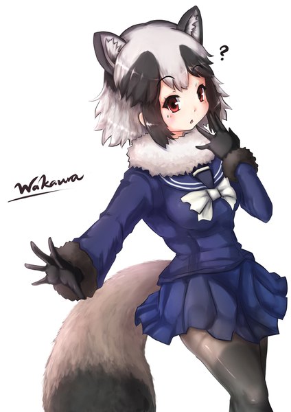 イラスト 827x1170 と けものフレンズ common raccoon (kemono friends) 若心 浅穂 ソロ 長身像 カメラ目線 短い髪 simple background 白背景 茶目 signed 獣耳 payot 尻尾 long sleeves parted lips animal tail :o fur trim adapted costume