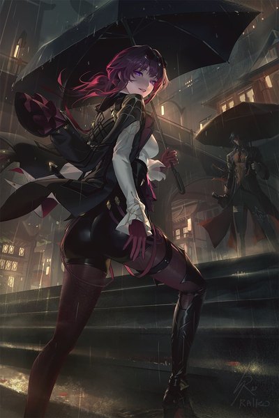 Anime picture 900x1350 with honkai: star rail honkai (series) kafka (honkai: star rail) blade (honkai: star rail) raikoart long hair tall image looking at viewer light erotic standing purple eyes holding signed purple hair full body outdoors ass long sleeves parted lips looking back