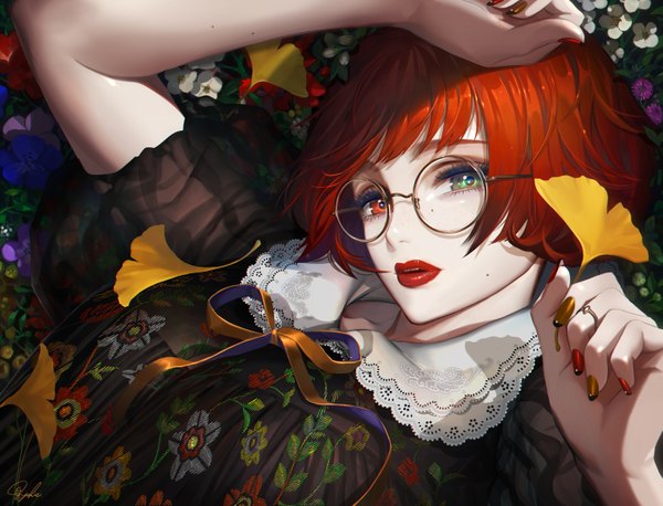 Anime picture 1441x1100 with original tajima yukie single looking at viewer fringe short hair red eyes holding green eyes red hair nail polish parted lips fingernails lips realistic mole lipstick heterochromia floral print hand on head