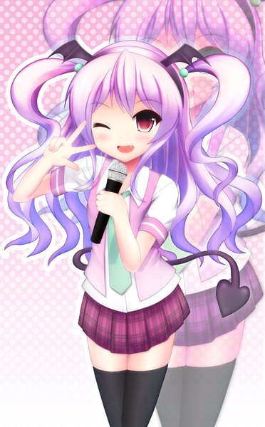 Anime picture 1000x1613 with original taiki ken single long hair tall image blush open mouth red eyes twintails purple hair tail one eye closed wink zettai ryouiki head wings zoom layer girl thighhighs skirt black thighhighs