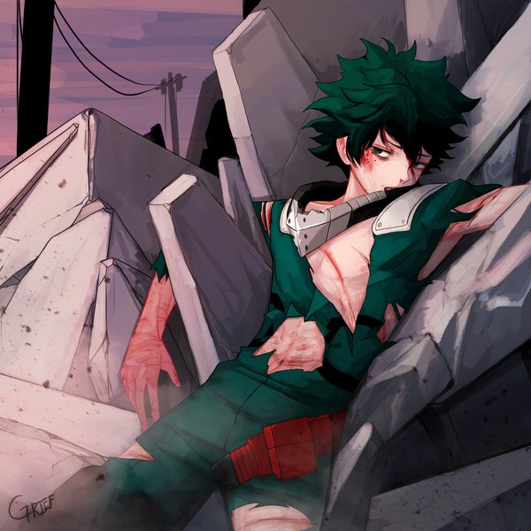 Anime picture 3000x3000 with boku no hero academia studio bones midoriya izuku grief single looking at viewer fringe highres short hair hair between eyes green eyes signed sky outdoors lying parted lips green hair on back torn clothes evening
