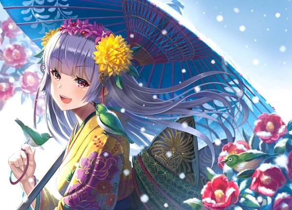 Anime picture 1200x864 with original madopen single long hair looking at viewer blush fringe open mouth smile red eyes holding purple hair upper body outdoors blunt bangs traditional clothes :d japanese clothes hair flower wind