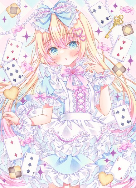 Anime picture 1089x1500 with alice in wonderland original alice (alice in wonderland) puu (kari---ume) single long hair tall image looking at viewer fringe blue eyes blonde hair hair between eyes head tilt :o gradient hair traditional media checkerboard cookie girl hair ornament bow