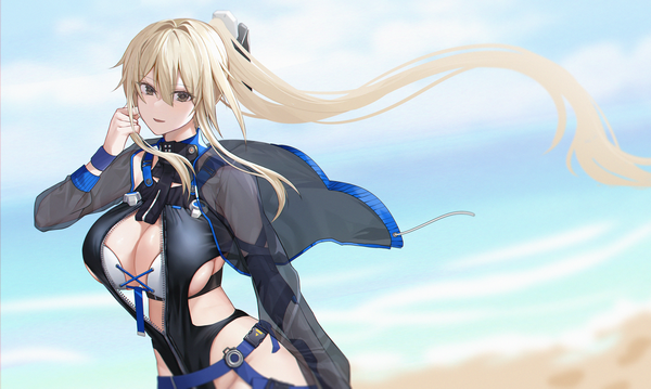 Anime picture 1654x992 with punishing: gray raven bianca (punishing: gray raven) xiujia yihuizi single looking at viewer fringe breasts open mouth light erotic blonde hair smile hair between eyes wide image large breasts standing brown eyes payot sky cloud (clouds) ponytail