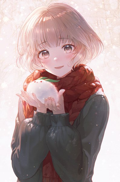 Anime picture 1200x1812 with original daby single tall image looking at viewer blush fringe short hair open mouth smile brown hair standing holding brown eyes upper body blunt bangs long sleeves :d snowing snow