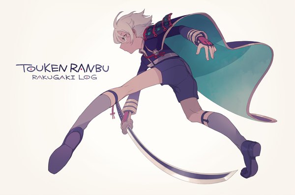 Anime picture 1504x1000 with touken ranbu nitroplus hotarumaru o-ishi single short hair simple background looking away full body white hair profile copyright name boy weapon sword socks katana cape nodachi