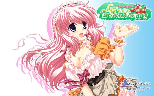 Anime picture 1280x800 with green strawberry single long hair fringe breasts open mouth wide image purple eyes payot looking away pink hair cleavage upper body arm up short sleeves maid girl headdress maid headdress
