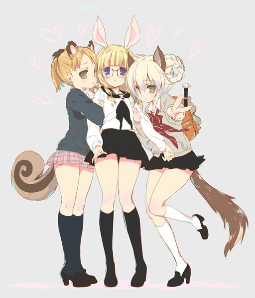 Anime picture 1000x1172 with tera online elin (tera) emily (pure dream) long hair tall image looking at viewer blush short hair blue eyes simple background multiple girls brown eyes green eyes animal ears bent knee (knees) ponytail tail animal tail grey background hug