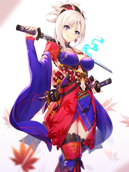 Anime picture 900x1200 with fate (series) fate/grand order miyamoto musashi (fate) ririko (zhuoyandesailaer) single long hair tall image looking at viewer blush fringe breasts simple background smile hair between eyes standing purple eyes holding white hair traditional clothes japanese clothes