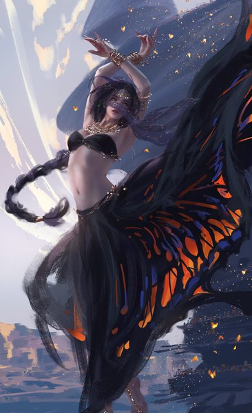 Anime picture 5000x8200 with ghost blade aeolian wlop single long hair tall image fringe highres breasts black hair green eyes looking away absurdres cleavage braid (braids) traditional clothes parted lips wind lips arms up