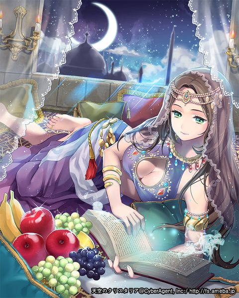 Anime picture 700x875 with original ice (ice aptx) single long hair tall image light erotic brown hair green eyes cleavage girl food book (books) jewelry fruit berry (berries) apple grapes