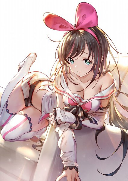 Anime picture 637x900 with virtual youtuber a.i. channel kizuna ai 77gl single long hair tall image looking at viewer blush fringe breasts light erotic simple background brown hair white background cleavage bent knee (knees) multicolored hair aqua eyes off shoulder