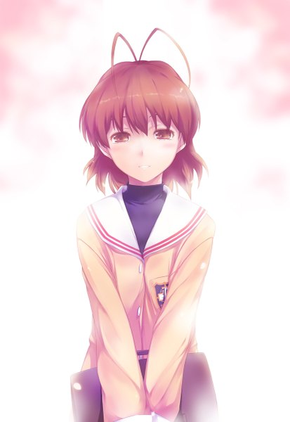 Anime picture 827x1200 with clannad key (studio) furukawa nagisa nanakusa single tall image looking at viewer blush short hair brown hair brown eyes ahoge girl uniform school uniform