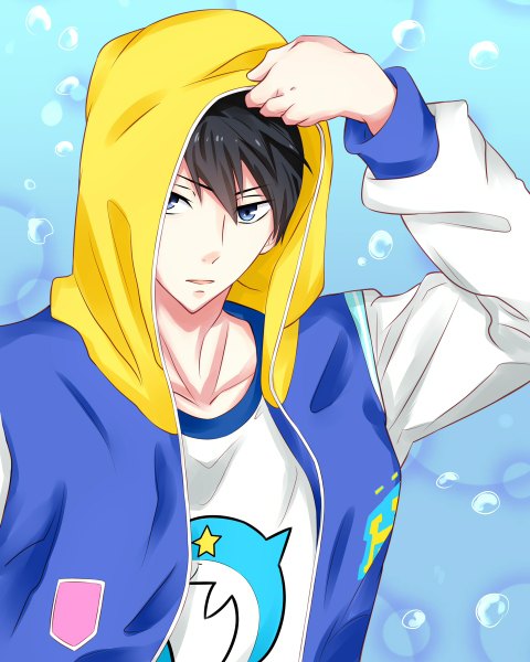 Anime picture 960x1200 with free! kyoto animation nanase haruka (free!) fishchan single tall image looking at viewer short hair blue eyes black hair parted lips blue background adjusting hood boy hood bubble (bubbles) hoodie