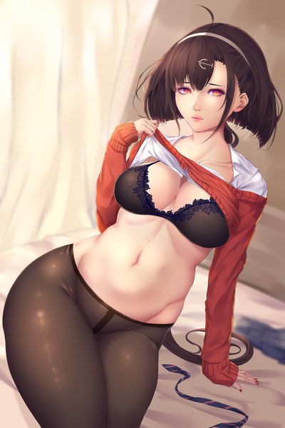 Anime picture 1170x1754 with azur lane independence (azur lane) independence (new transfer student) (azur lane) shiro usagi single long hair tall image looking at viewer blush fringe breasts light erotic hair between eyes red eyes brown hair large breasts sitting payot cleavage ahoge